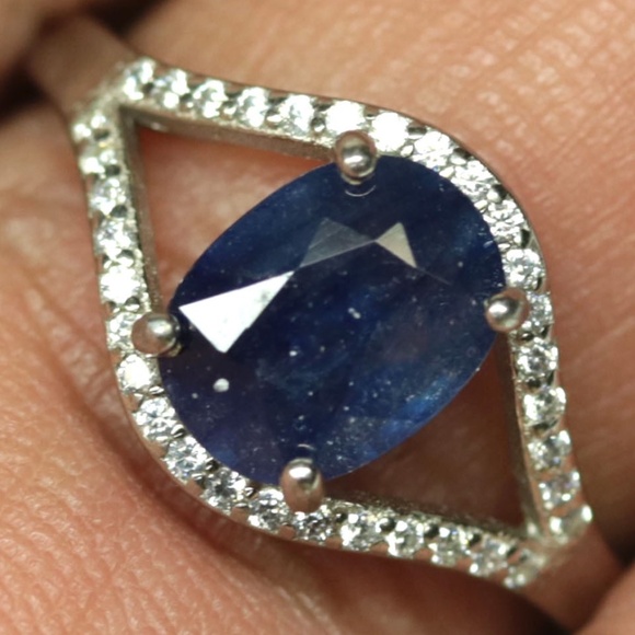 925 Sterling Silver 6 x 9 mm. Blue Sapphire & Zircon Jewelry Ring Size 7.75 - Picture 2 of 3